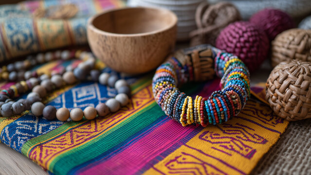 A vibrant flat lay showcases colorful kente cloth, intricate beaded jewelry, and handwoven baskets from West Africa, highlighting rich textures and traditional African craftsmanship.