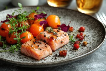 Elegant presentation of gourmet salmon with fresh melons and herbs on textured plate
