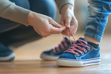 Mom helps child prepare for school by tying shoelaces in the morning routine