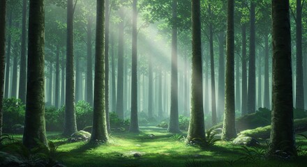 Obraz premium Anime Style Sunlight Streaming Through a Lush Green Forest