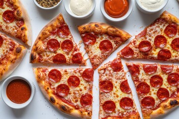 Overhead view of freshly baked pizza slices with various dipping sauces and toppings
