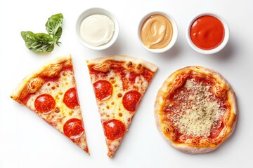 Overhead view of pizza slices with dipping sauces and fresh basil on a white surface