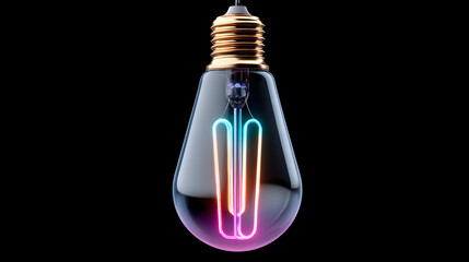 3D holographic light bulb with pulsating neon filament, subtle sci-fi glow, simple yet sleek on a pure black background