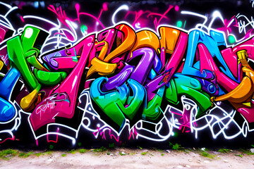 Colorful Urban Graffiti Art on Wall – Street Style Mural Illustration. Vibrant and dynamic graffiti artwork painted on a city wall, featuring bold lettering, vivid colors, and floral elements.