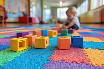 Toddlers engaged in creative play with colorful building blocks on a bright play mat