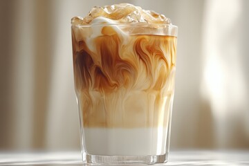 Top-down view of iced coffee swirling with milk in a transparent glass