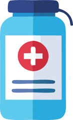 Illustration of a light blue medical bottle with a red cross symbol and a dark blue lid