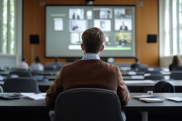 University student participates in remote lecture while seated in a classroom setting