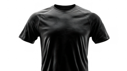 Close up view of a black t shirt with a darkened area from perspiration, showcasing its breathable fabric and transparent background, perfect for apparel design mockups