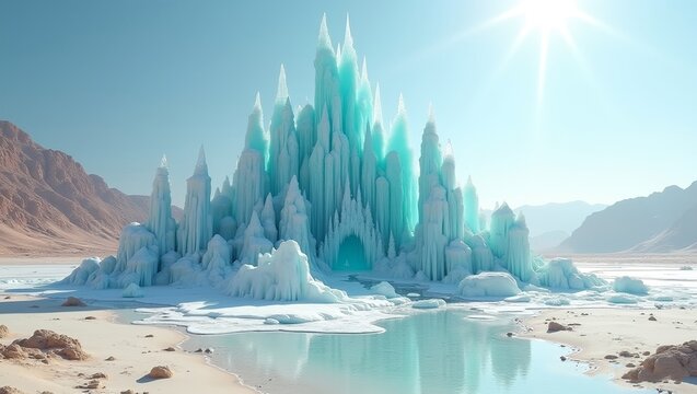 towering icy ice palace rising from a in the middle of a vast desert