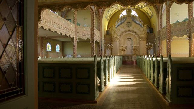 Exploring the stunning interior of the Synagogue in Subotica, Serbia during a quiet morning