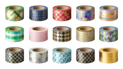 Fifteen rolls of washi tape, featuring various colorful geometric patterns, are displayed against a transparent background, offering diverse design possibilities for creative projects