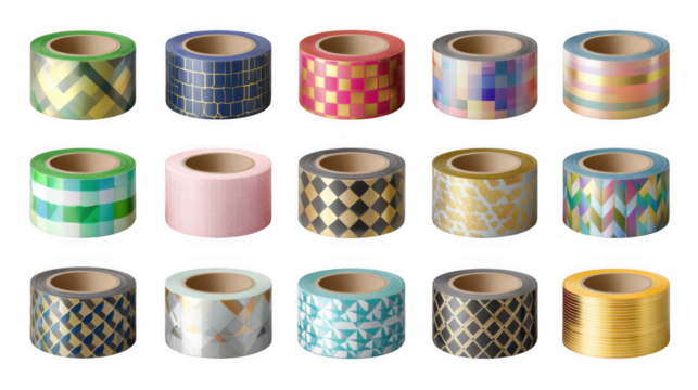Fifteen rolls of washi tape, featuring various colorful geometric patterns, are displayed against a transparent background, offering diverse design possibilities for creative projects
