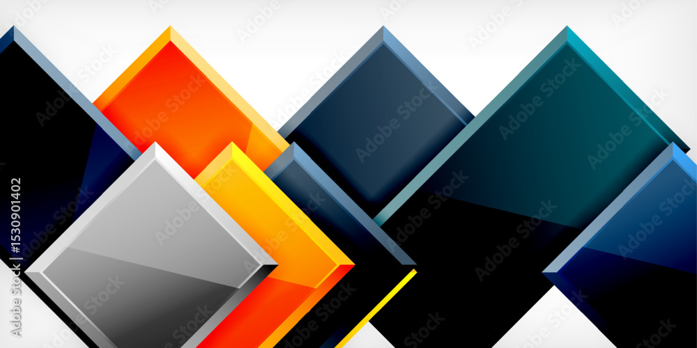 Poster Abstract geometric design. Overlapping squares create dynamic composition. Bright colors contrast dark background. Modern, sleek aesthetic.