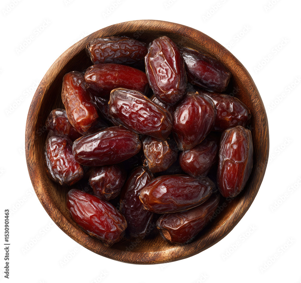 Poster top view of dates in a wooden bowl on transparent background ready for design