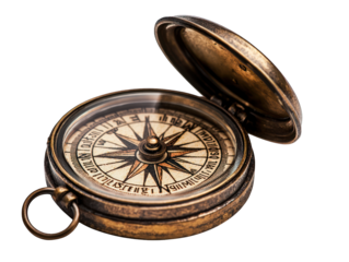 Open, old brass compass detail against black