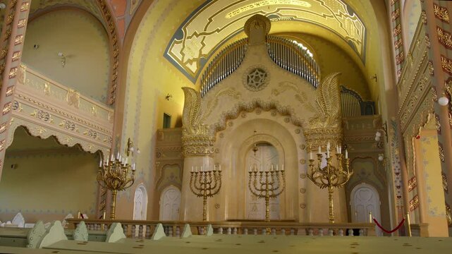 Beautiful interior of a historic synagogue in Subotica, Serbia showcasing intricate design elements and architecture