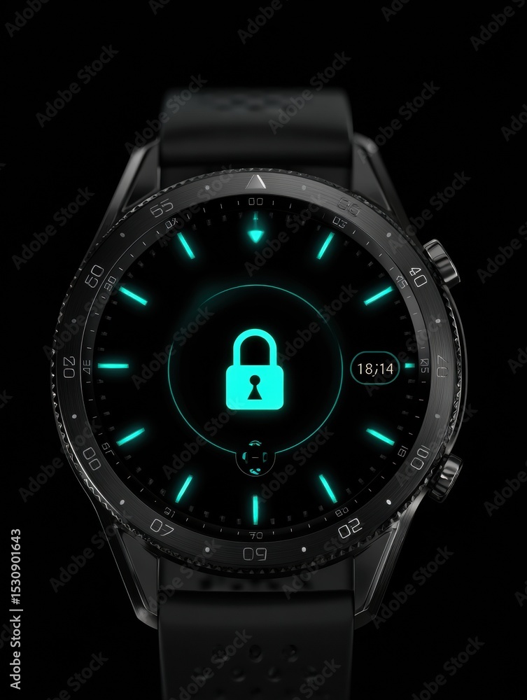 Aufkleber smartwatch display shows gps and privacy lock symbols with glowing features in a technology-focused 