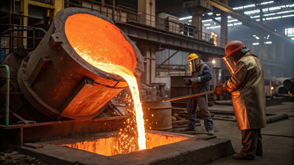 Molten metal pouring in a foundry with workers in safety gear. Base metals market concept.