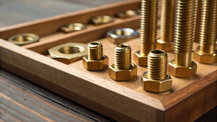 Close-up of assorted metal nuts and bolts in a wooden tray. Base metals market concept.