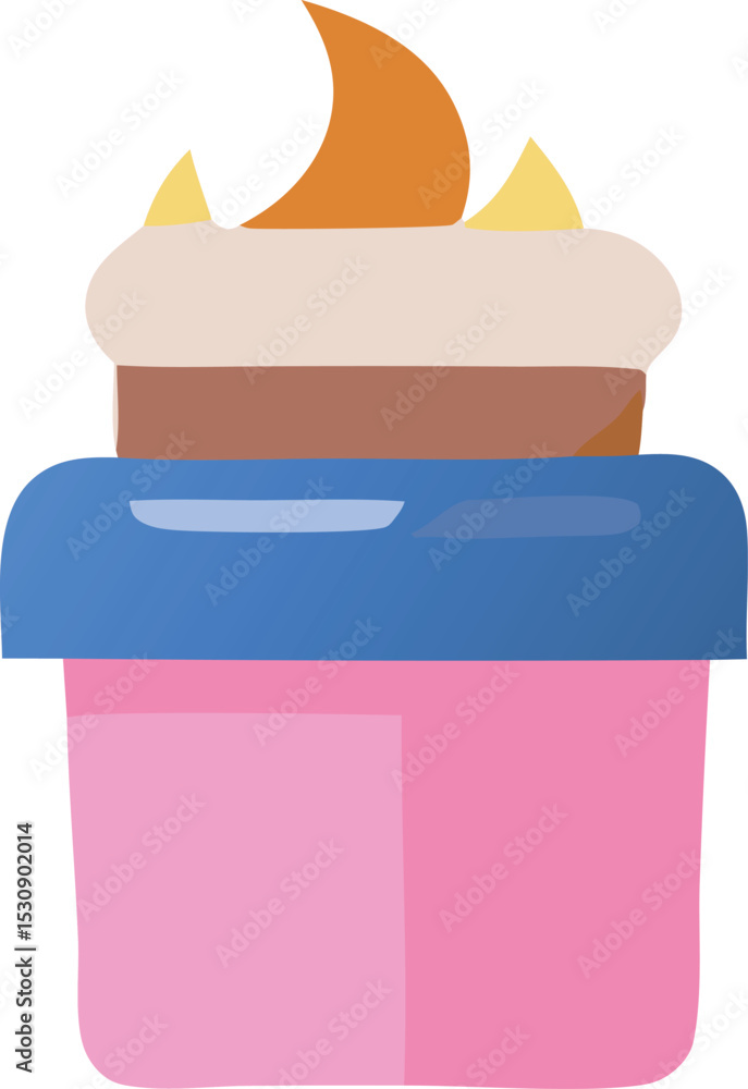 Poster abstract illustration of a layered cake in a pink container with a crescent moon topping