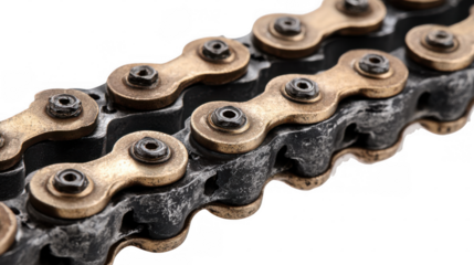 Close up of a shiny bicycle chain overlapping a metal gear, showcasing the intricate details and mechanical connection with transparent background
