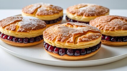 Fototapeta premium Delicious baked puff pastry sandwiches filled with sweet juicy cherries and dusted with powdered sugar displayed on a white serving plate