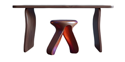 Sleek dark wooden table and stool featuring elegant curved legs