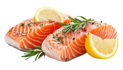 Fresh Raw Salmon Fillets with Lemon and Rosemary on Transparent Background