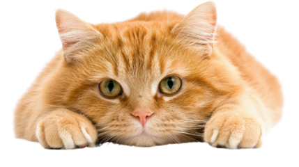 Adorable and playful orange domestic tabby cat peeking out from behind a white background with a calm and attentive expression