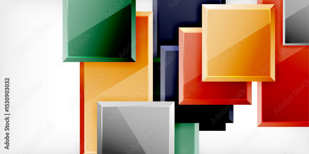 Poster abstract geometric shapes overlap, creating vibrant color contrasts. composition features glossy rec