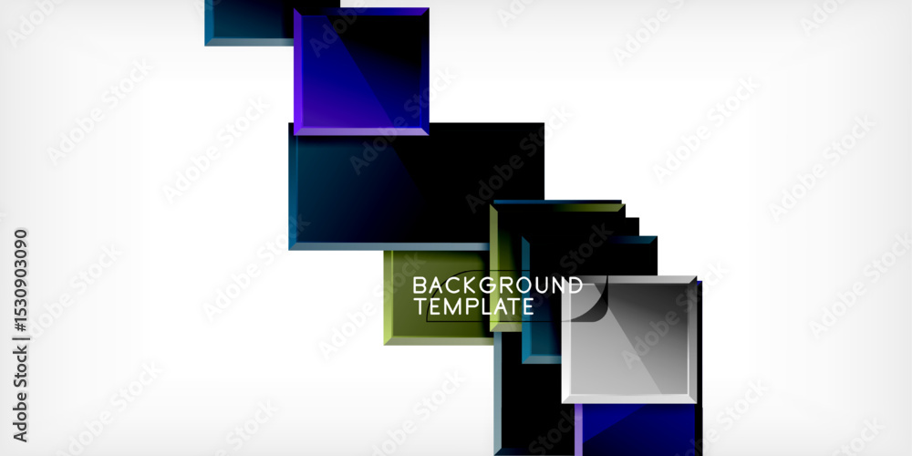 Aufkleber Abstract squares overlap, creating layered effect. Dark blues, silver tones dominate white gradient background. Modern design element.