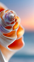 Close-up view of a beautifully detailed seashell with vibrant colors against a soft blurred ocean background, showcasing nature's intricate design and beauty. Selective focus