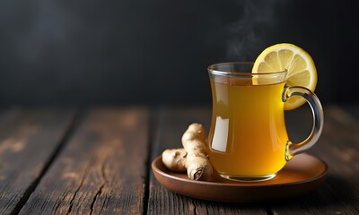 Steaming ginger lemon tea close up rustic brown comforting healthful beverage