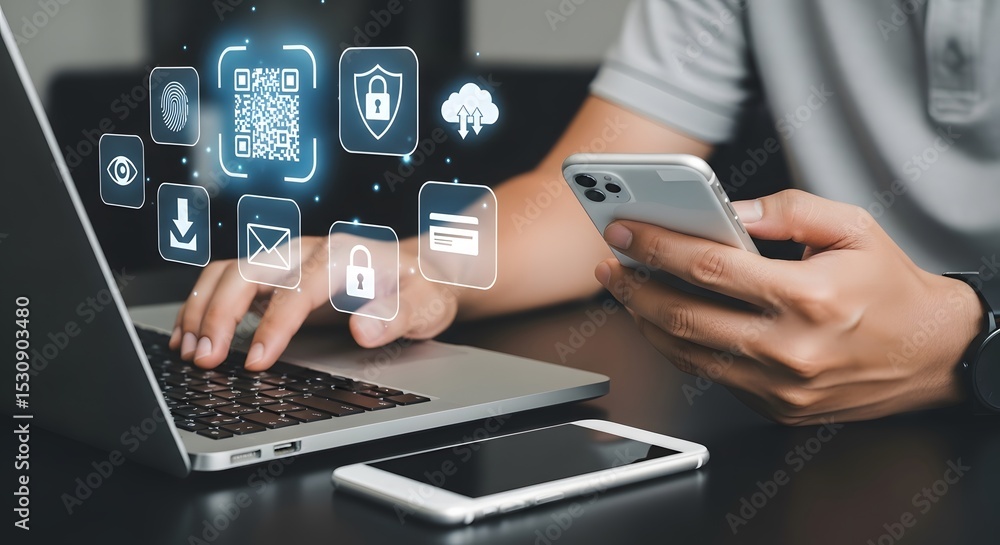 Poster secure online transactions person using laptop smartphone digital security protection data privacy i