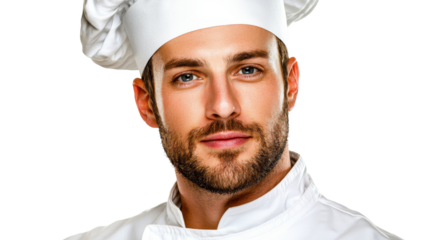 Close up portrait of a skilled and focused male chef wearing a white uniform standing against a plain background