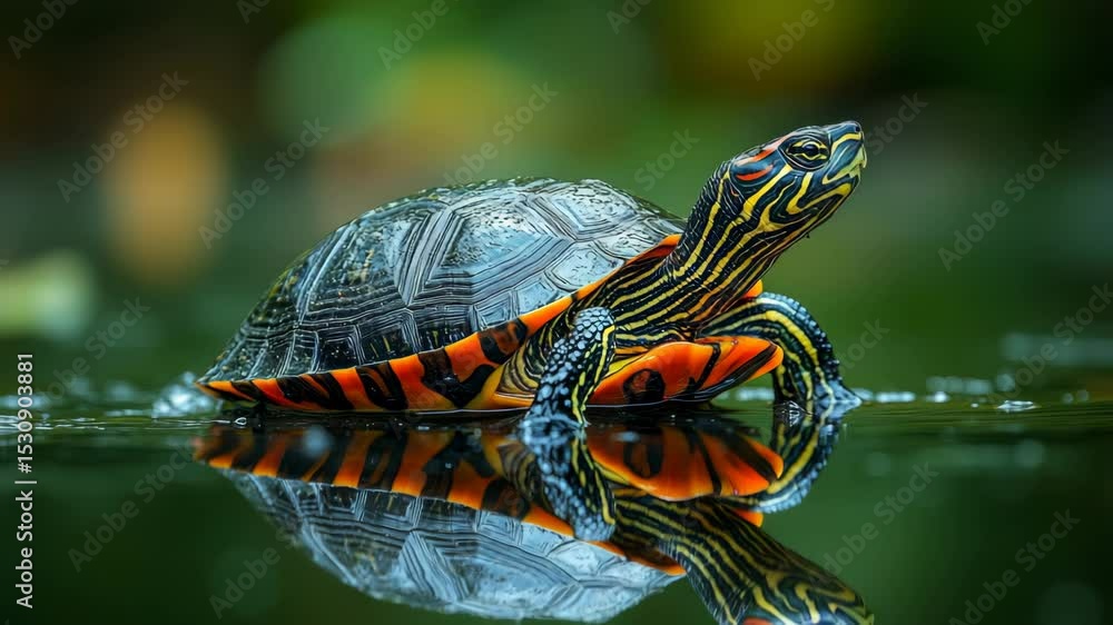 Poster painted turtle with vibrant shell reflecting on calm water surface