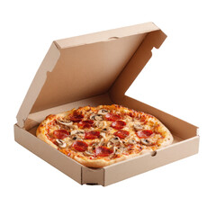 Pepperoni and Mushroom Pizza in Cardboard Box Ready to Eat on transparent background