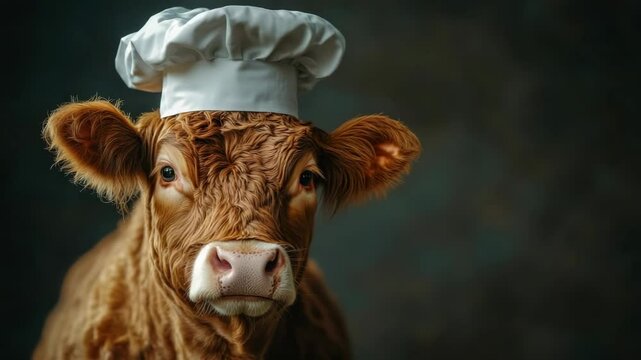 Cow wearing a chef's hat against a dark background, whimsical portrait