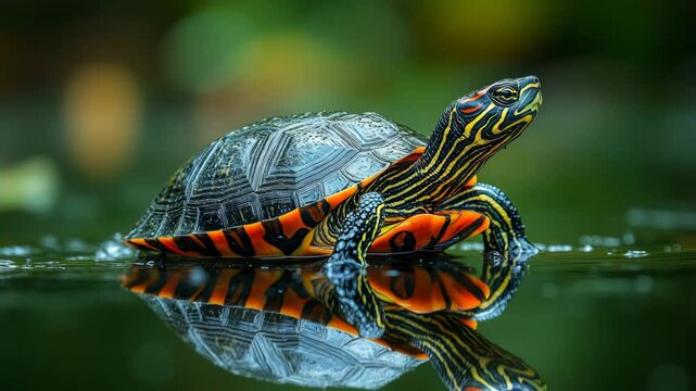 Painted turtle with vibrant shell reflecting on calm water surface