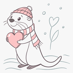Playful Otter illustration Cozy winter SVG (holding a heart)
