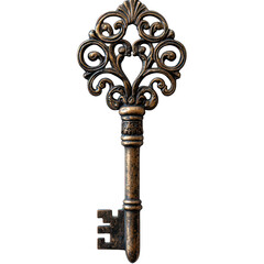 Ornate, antique bronze key on a stark black background