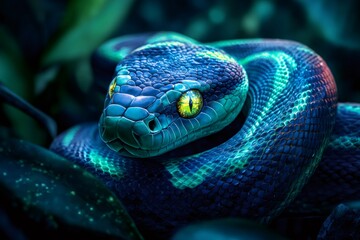 Fototapeta premium Green tree python resting on a branch in the jungle