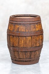 Fototapeta premium Aged Wooden Barrel with Metal Hoops on Textured Gray Background for Vintage Look