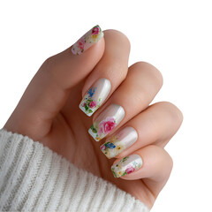 Elegant Floral Nail Art: A hand showcases exquisitely designed floral nail art, featuring delicate blooms on a backdrop of subtle, stylish colors.