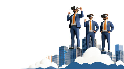 Obraz premium A group of businesspeople wearing virtual reality headsets standing on top of skyscrapers in a modern digitally connected urban landscape