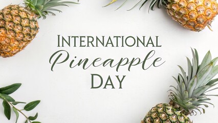 International Pineapple Day Celebration: Fresh Pineapples and Green Leaves on a White Background.
