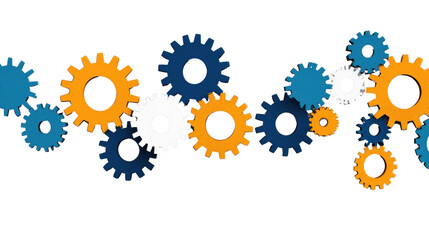A pattern of interlocking blue and orange gears and cogs symbolizing the complex mechanisms processes and coordination behind industrial technology and engineering