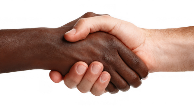 Two business people are shaking hands in a sign of agreement or greeting, isolated on a transparent background, promoting diversity and inclusion in business and collaboration