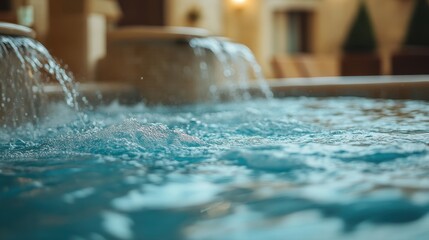 Water flows from a stone fountain into a pool of clear, blue water. Ideal for spa ads, relaxation themes or wellness promotion.